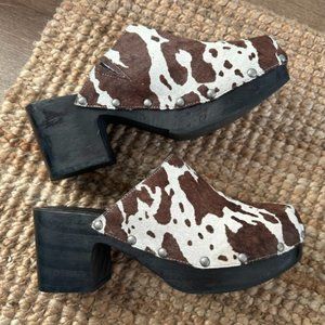 Matisse Free People Cow Print Pony Hair Clog Wooden Heels